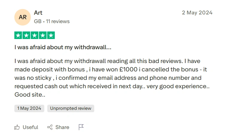 Excited winner leaving a 5-star review after big win at NineWin Casino UK